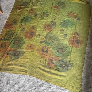 Valentino vintage silk scarf chartreuse poppy print. Oversized 54”. Italy 90s.